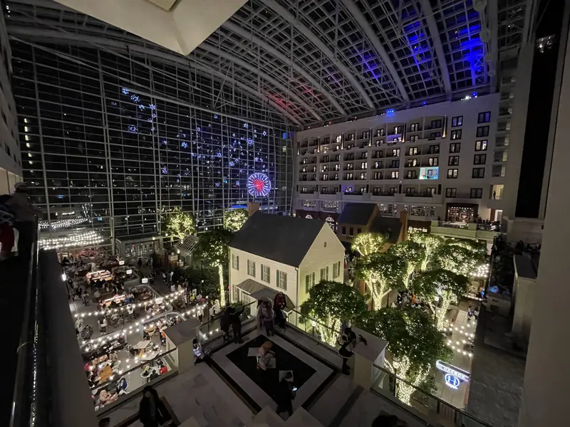 The grand atrium at night.