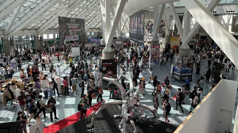 Advertisements and displays fill the south hall lobby.