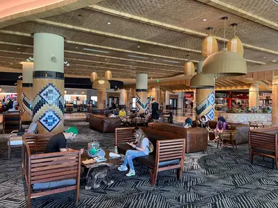 The lobby has strong African theming that is more modern and sophisticated than the other Kalahari resorts.