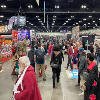 A look down an aisle in the vendor hall.