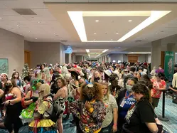 The convention center crowded with queues for late night panels.