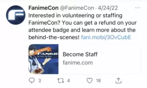 A FanimeCon tweet looking for staff.