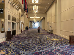 Notice the patriotic colonial theming in this convention center hallway. Red, white, and blue carpet. Start shaped lighting fixtures. Flags lining the walls. Fluted columns.