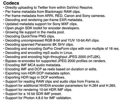 Updates to codecs in Resolve 17.