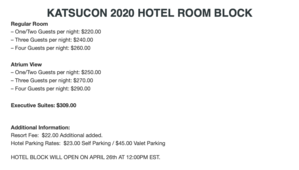 Katsucon 2020 room block pricing