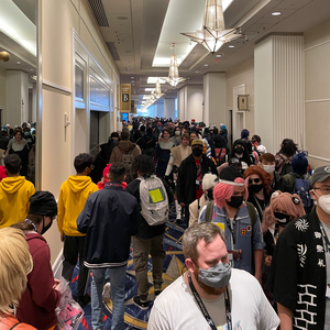A queue runs the entire length of the convention center.