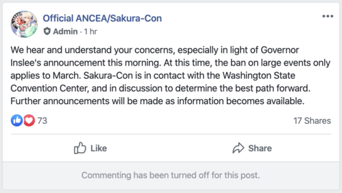 A statement issued on the Sakura-Con Facebook Page March 13, 2020