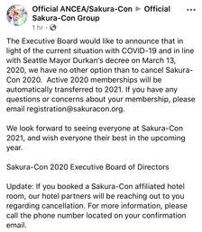 Sakura-Con announcing their cancellation on March 16, 2020